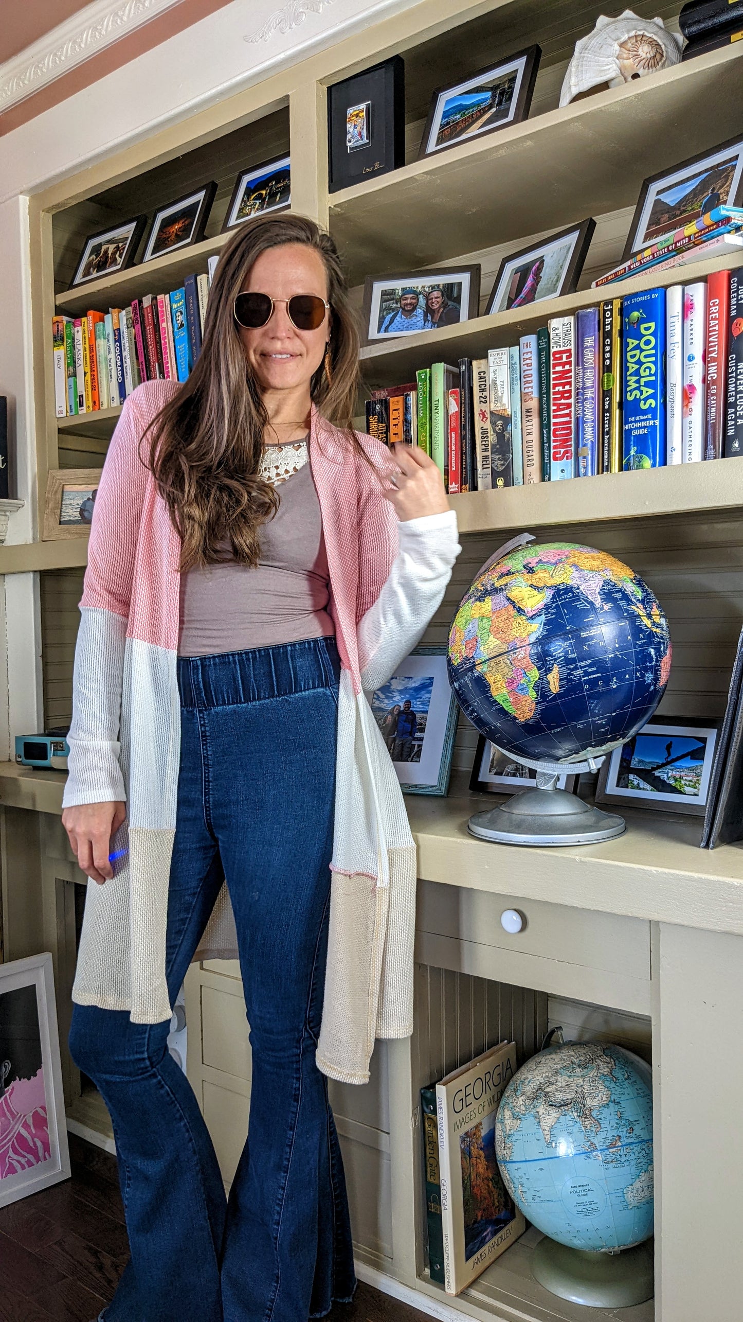 Peach Color Block Open Cardigan With Pockets